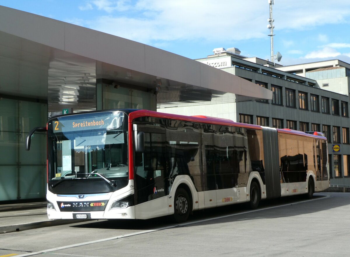 (256'790) - RVBW Wettingen - Nr. 174/AG 583'496 - MAN (ex AHW Horgen Nr. 610) am 6. November 2023 beim Bahnhof Baden