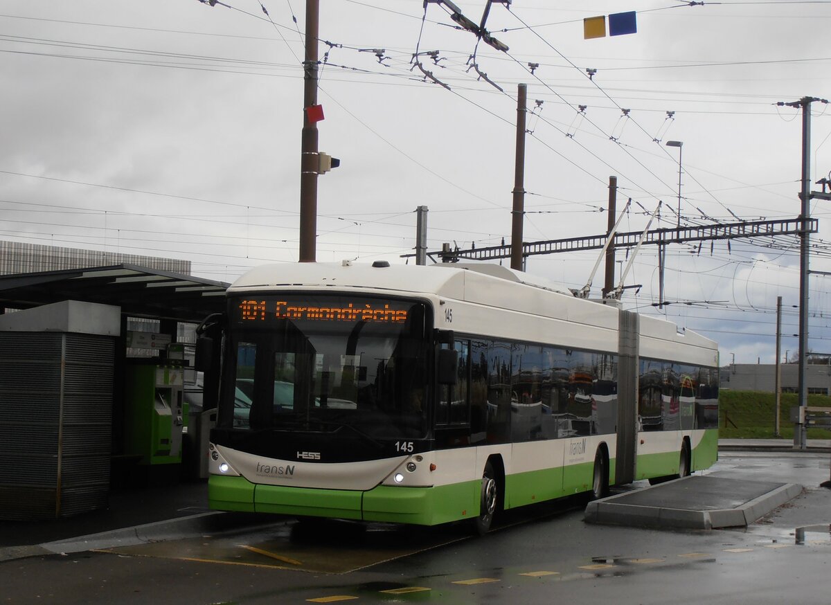 (257'552) - transN, La Chaux-de-Fonds - Nr. 145 - Hess/Hess Gelenktrolleybus (ex TN Neuchtel Nr. 145) am 11. Dezember 2023 beim Bahnhof Marin-pagnier