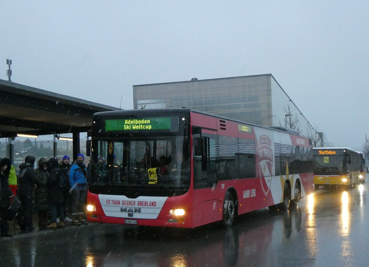 (258'177) - STI Thun - Nr. 149/BE 801'149 - MAN am 6. Januar 2024 beim Bahnhof Frutigen