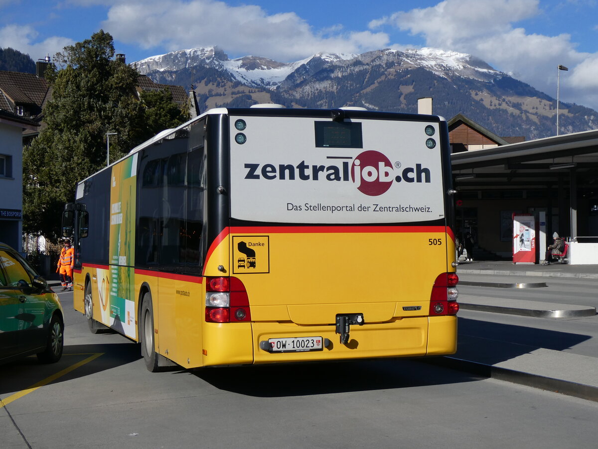 (259'320) - PostAuto Zentralschweiz - Nr. 505/OW 10'023/PID 10'267 - MAN (ex Nr. 4; ex Dillier, Sarnen Nr. 4) am 13. Februar 2024 beim Bahnhof Sarnen