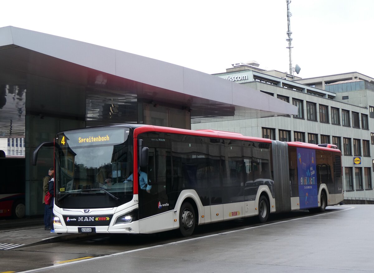 (260'719) - RVBW Wettingen - Nr. 176/AG 583'498 - MAN (ex AHW Horgen Nr. 612) am 28. Mrz 2024 beim Bahnhof Baden