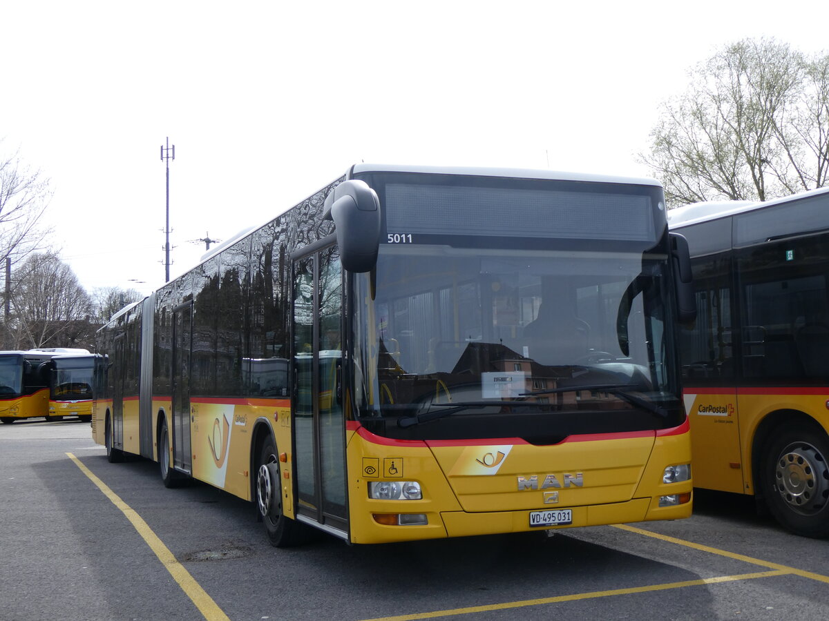 (260'830) - CarPostal Ouest - VD 495'031/PID 5011 - MAN am 29. Mrz 2024 in Yverdon, Garage