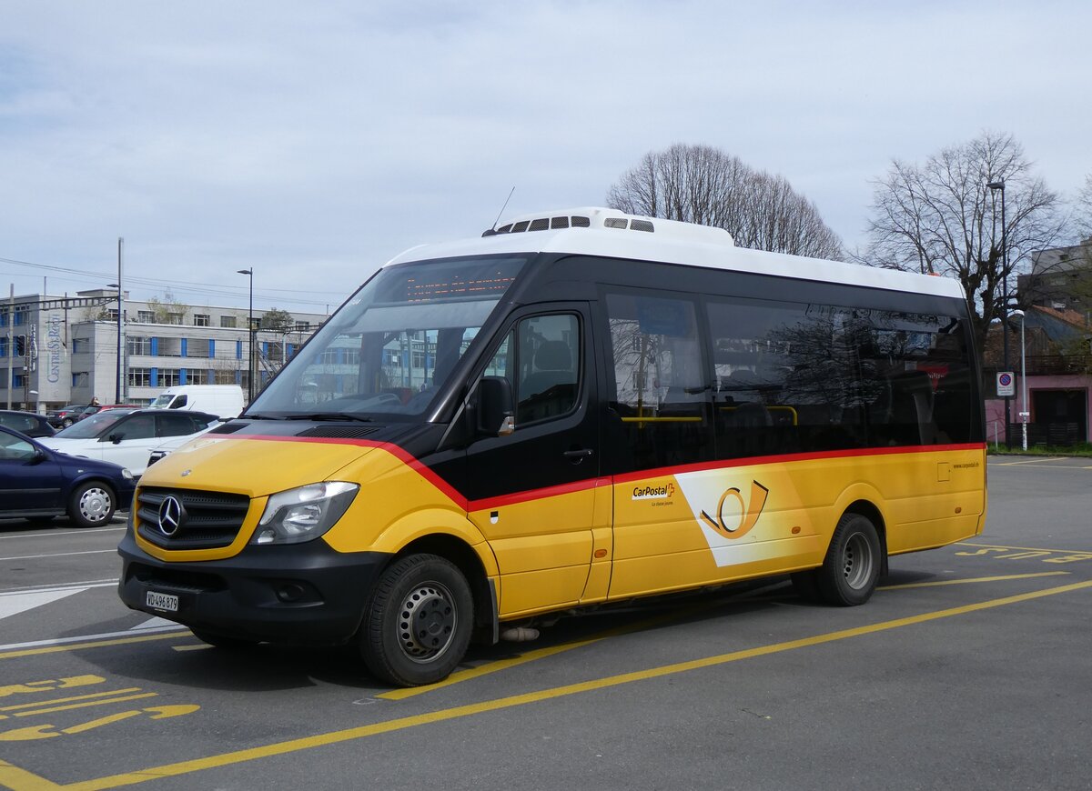 (260'849) - CarPostal Ouest - VD 496'879/PID 10'344 - Mercedes (ex Favre, Avenches; ex Rime, Charmey) am 29. Mrz 2024 beim Bahnhof Yverdon