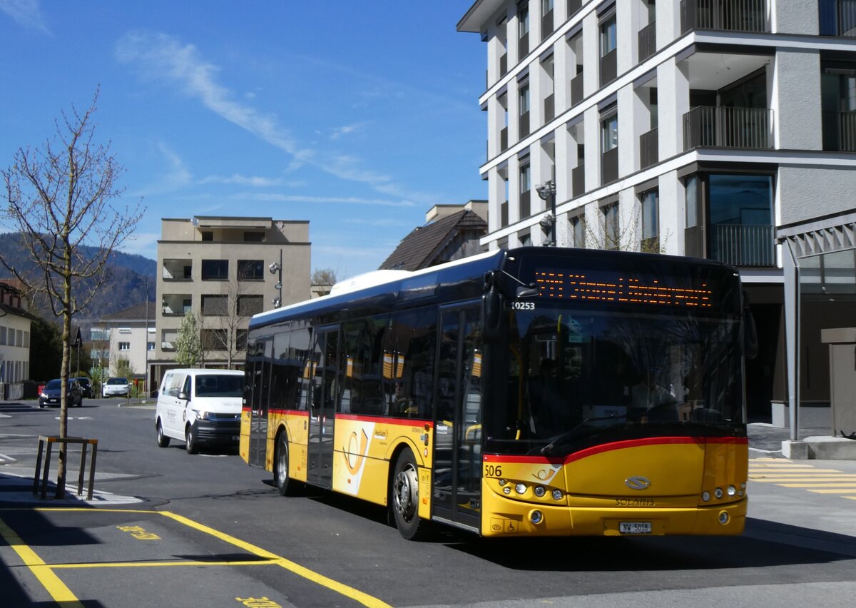 (261'047) - PostAuto Zentralschweiz - Nr. 506/NW 5018/PID 10'253 - Solaris (ex Nr. 56; ex Nr. 26; ex Thepra, Stans Nr. 26) am 6. April 2024 beim Bahnhof Stans