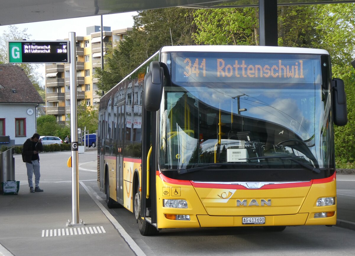 (261'783) - Geissmann, Hgglingen - AG 413'690/PID 10'329 - MAN am 27. April 2024 beim Bahnhof Wohlen