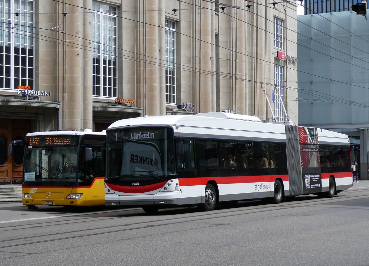 (262'837) - St. Gallerbus, St. Gallen - Nr. 178 - Hess/Hess Gelenktrolleybus am 24. Mai 2024 beim Bahnhof St. Gallen