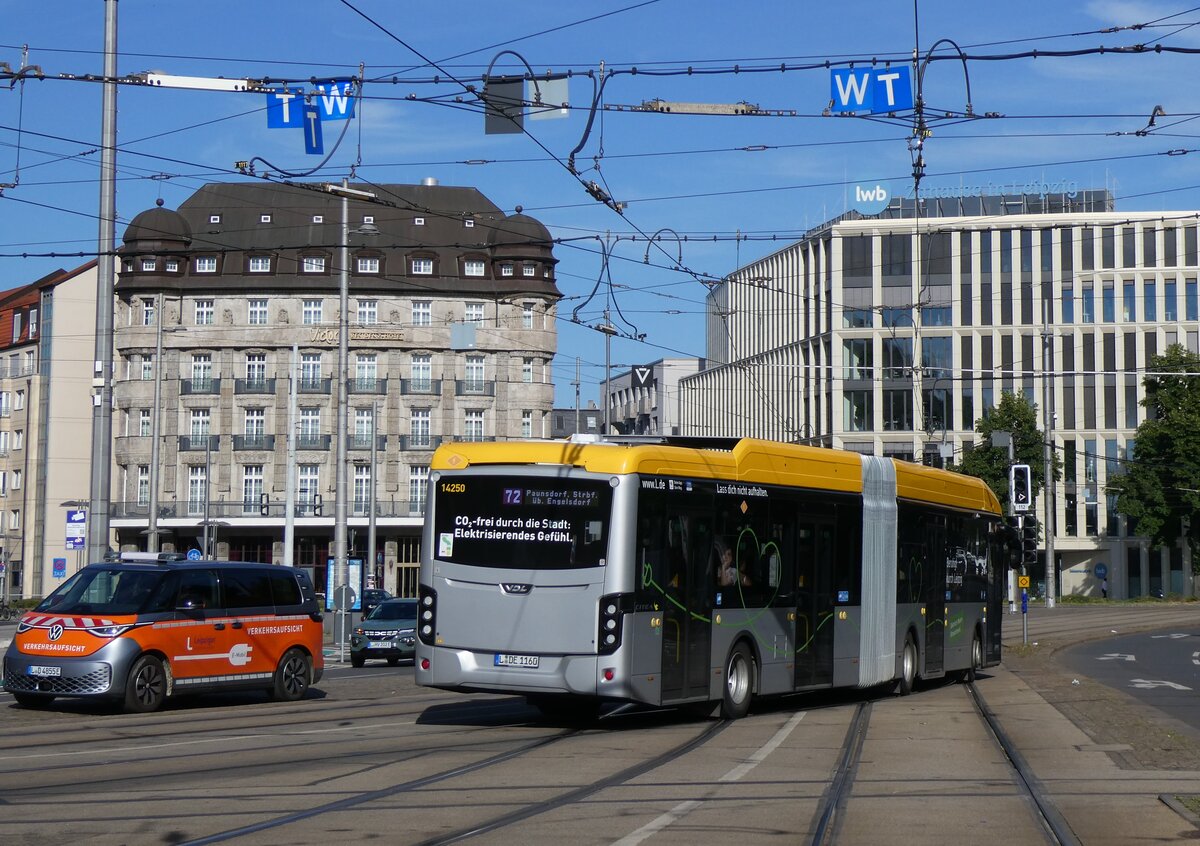 (264'395) - LVB Leipzig - Nr. 14'250/L-DE 1160 - eVDL am 8. Juli 2024 beim Hauptbahnhof Leipzig