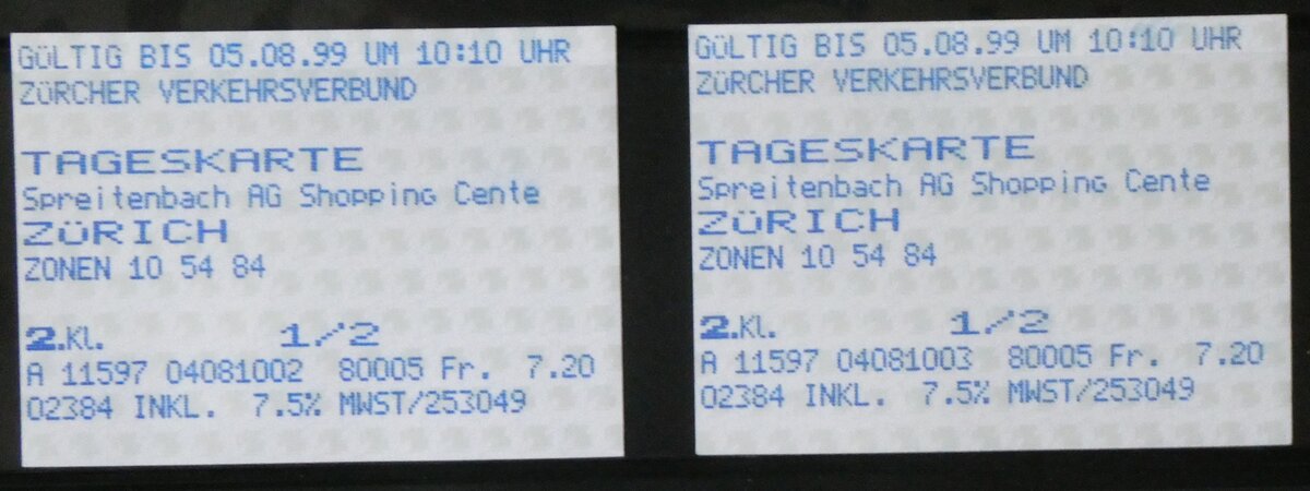 (264'916) - ZVV-Tageskarten vom 5. August 1999 am 21. Juli 2024 in Thun