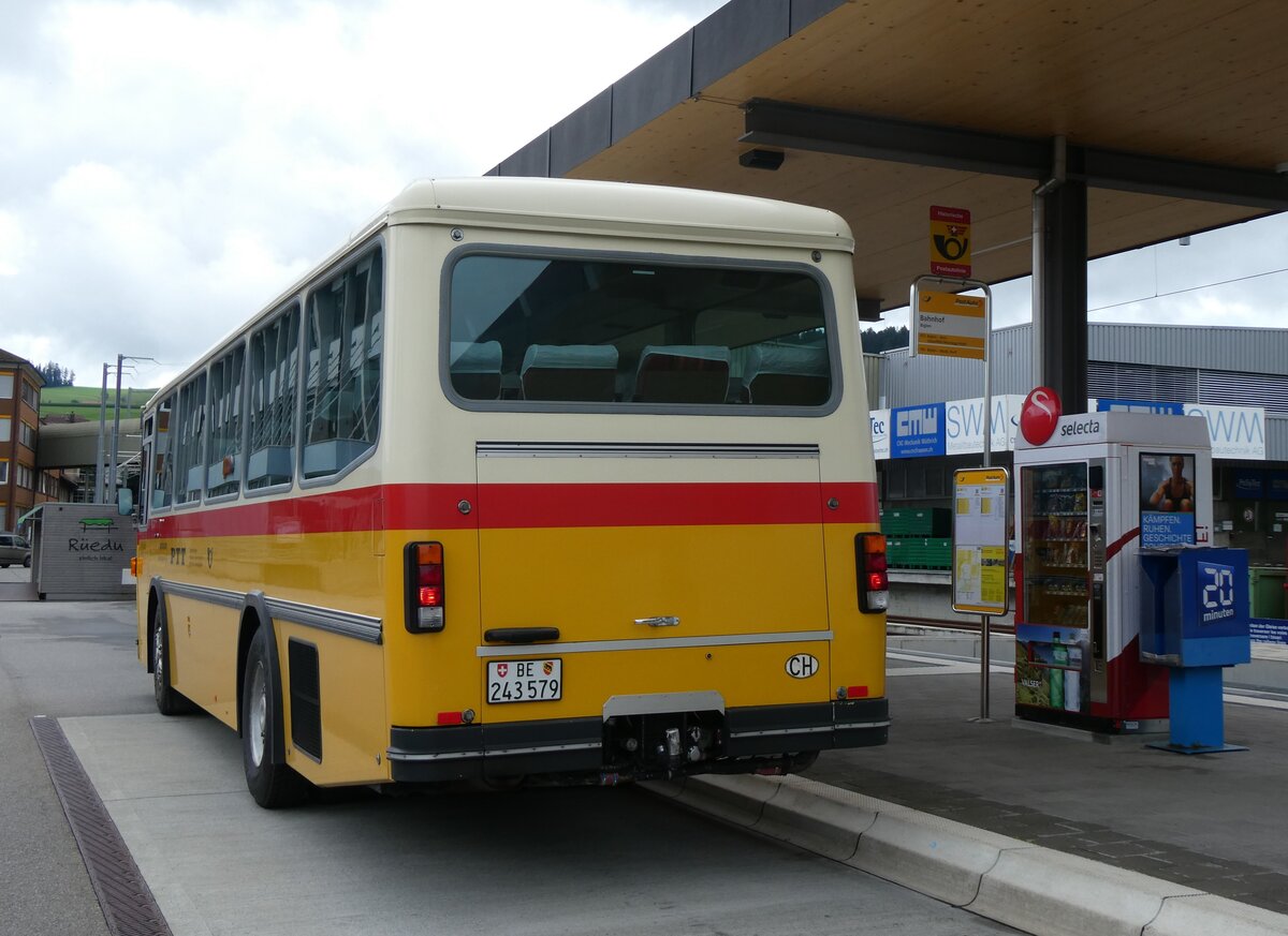 (265'924) - Krummenacher, Zillis - Nr. 74/BE 243'579 - Saurer/R&J (ex AVG Meiringen Nr. 74/PID 10'683; ex PostAuto Berner Oberland; ex P 24'357) am 18. August 2024 beim Bahnhof Biglen