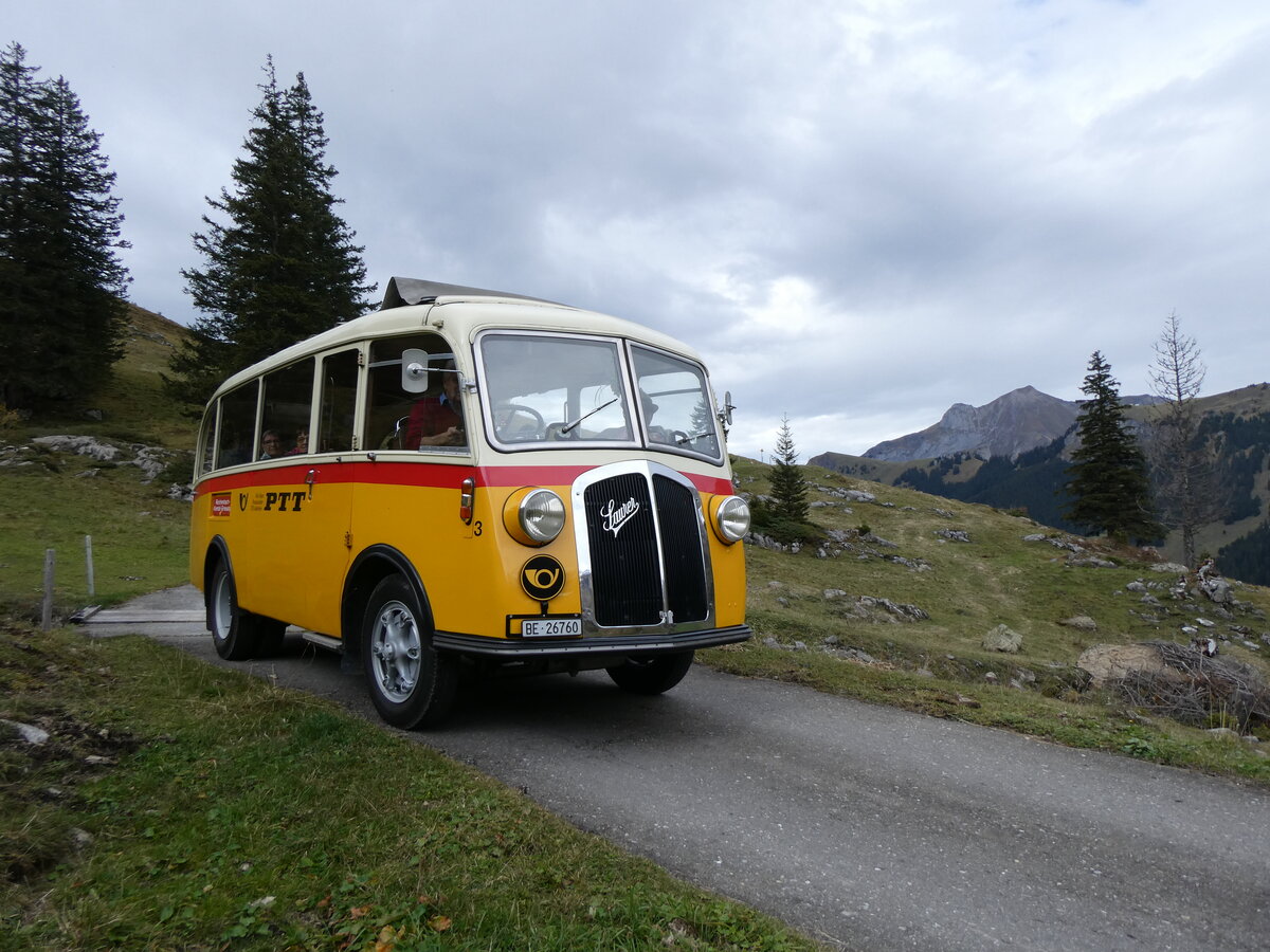 (268'122) - Schmid, Thrishaus - Nr. 3/BE 26'760 - Saurer/Gangloff (ex Geiger, Adelboden Nr. 3) am 12. Oktober 2024 bei der Bundalp