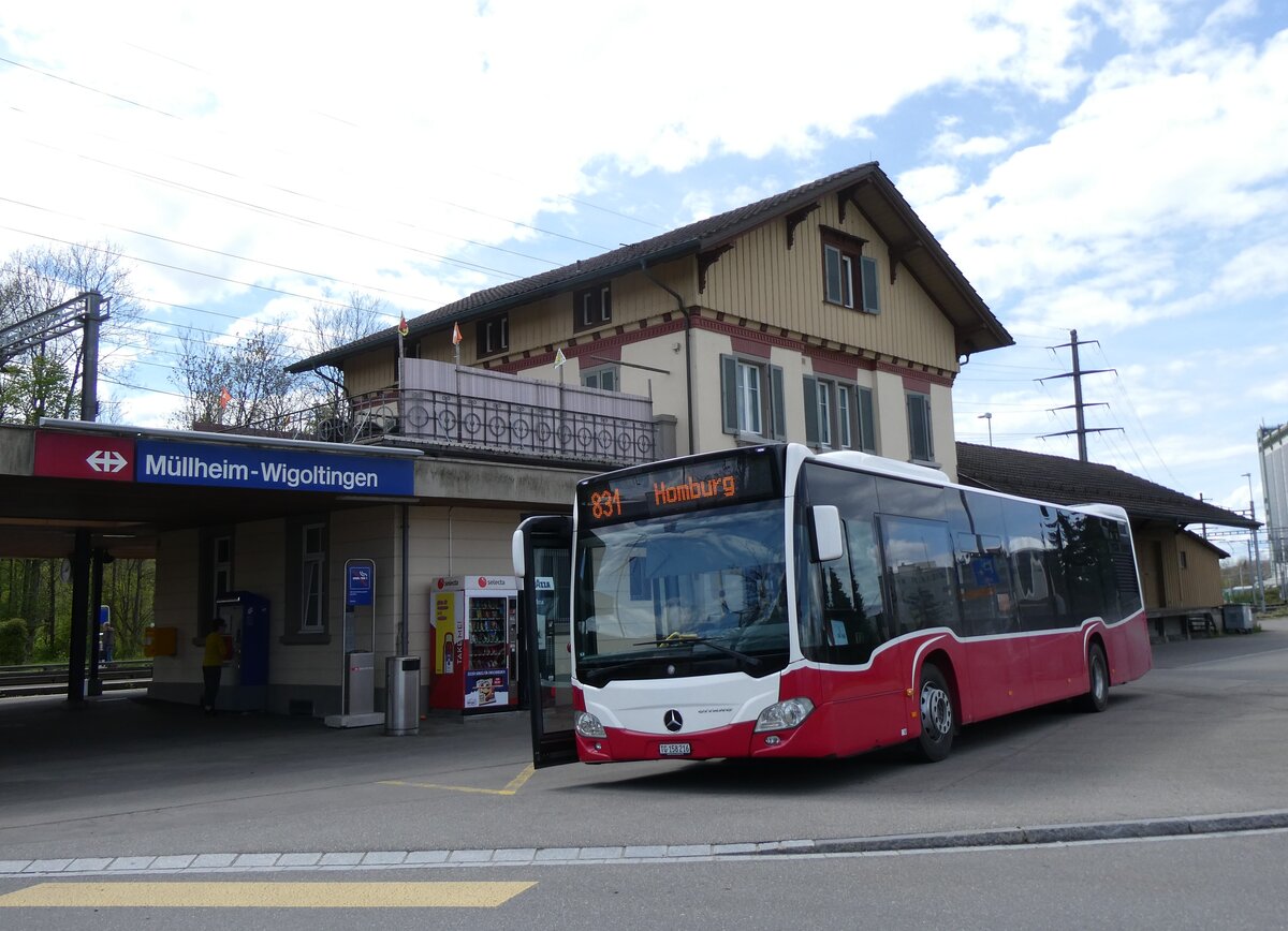 (274'121) - PostAuto Ostschweiz - TG 158'216/PID 12'413 - Mercedes (ex Wiener Linien, A-Wien Nr. 8153) am 22. April 2025 beim Bahnhof Mllheim-Wigoltingen