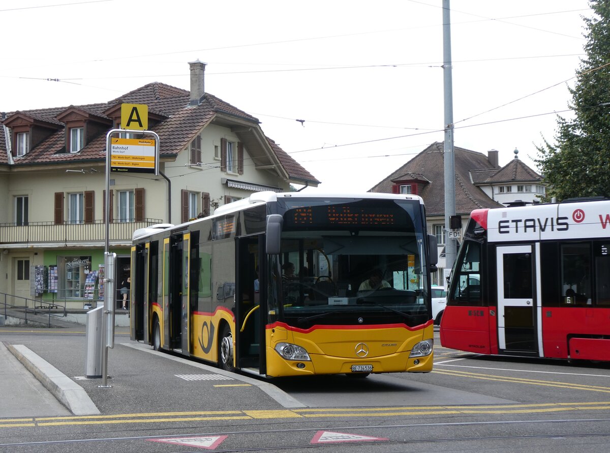 (277'273) - PostAuto Bern - BE 734'536/PID 11'404 - Mercedes (ex BE 610'540) am 27. Juni 2025 beim Bahnhof Worb Dorf