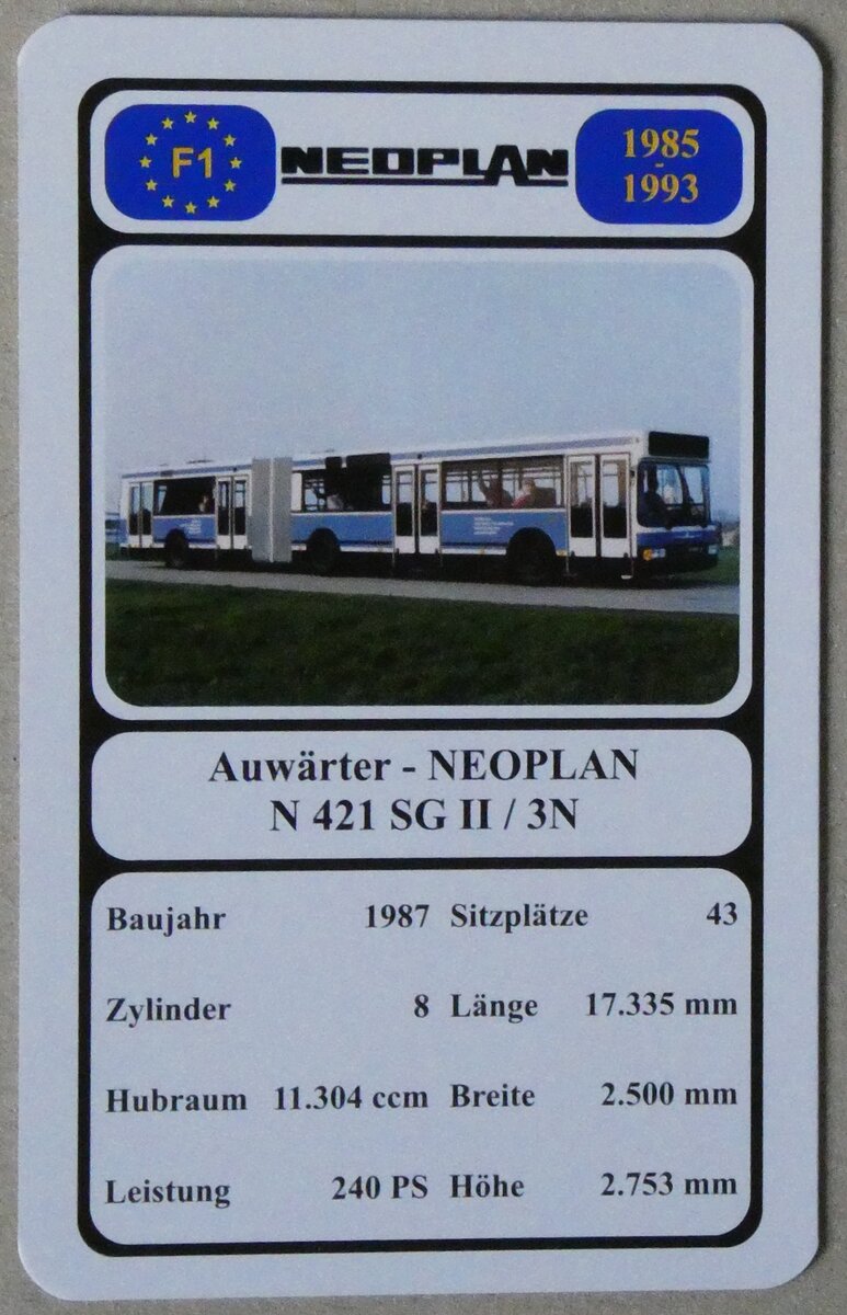 (280'033) - Quartett-Spielkarte mit Auwärter - NEOPLAN N 421 SG II / 3N von 1987 am 7. September 2025 in Thun (280'033) - Quartett-Spielkarte mit Auwärter - NEOPLAN N 421 SG II / 3N von 1987 am 7. September 2025 in Thun