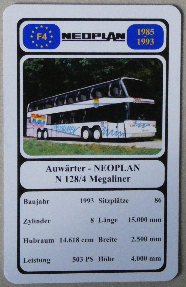 (280'036) - Quartett-Spielkarte mit Auwärter - NEOPLAN N 128/4 Megaliner von 1993 am 7. September 2025 in Thun (280'036) - Quartett-Spielkarte mit Auwärter - NEOPLAN N 128/4 Megaliner von 1993 am 7. September 2025 in Thun