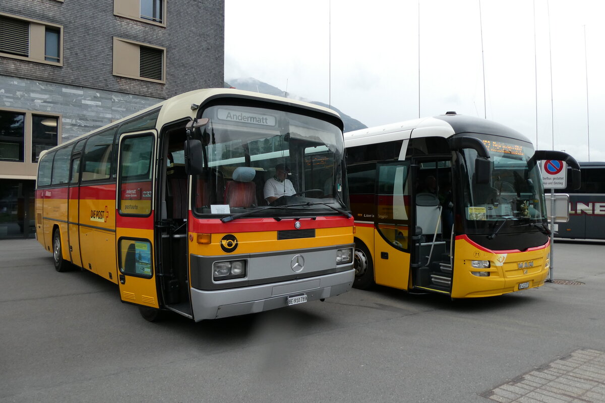 (280'074) - Buzzi, Bern - BE 910'789 - Mercedes (ex Mattli, Wassen/PID 2295) am 8. September 2025 in Andermatt, Bahnhofplatz (280'074) - Buzzi, Bern - BE 910'789 - Mercedes (ex Mattli, Wassen/PID 2295) am 8. September 2025 in Andermatt, Bahnhofplatz