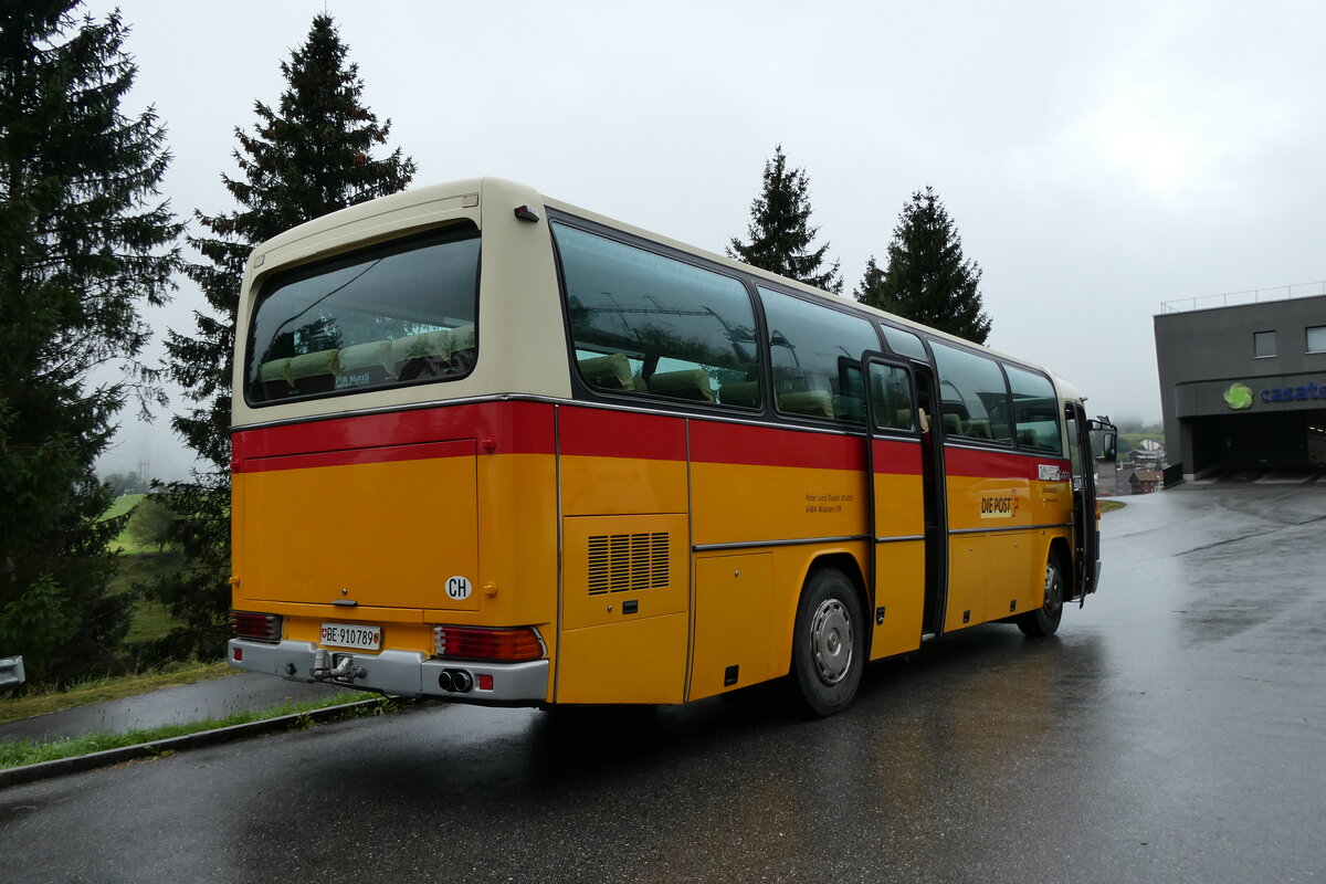 (280'239) - Buzzi, Bern - BE 910'789 - Mercedes (ex Mattli, Wassen/PID 2295) am 10. September 2025 in Disentis, Garage Bundi (280'239) - Buzzi, Bern - BE 910'789 - Mercedes (ex Mattli, Wassen/PID 2295) am 10. September 2025 in Disentis, Garage Bundi