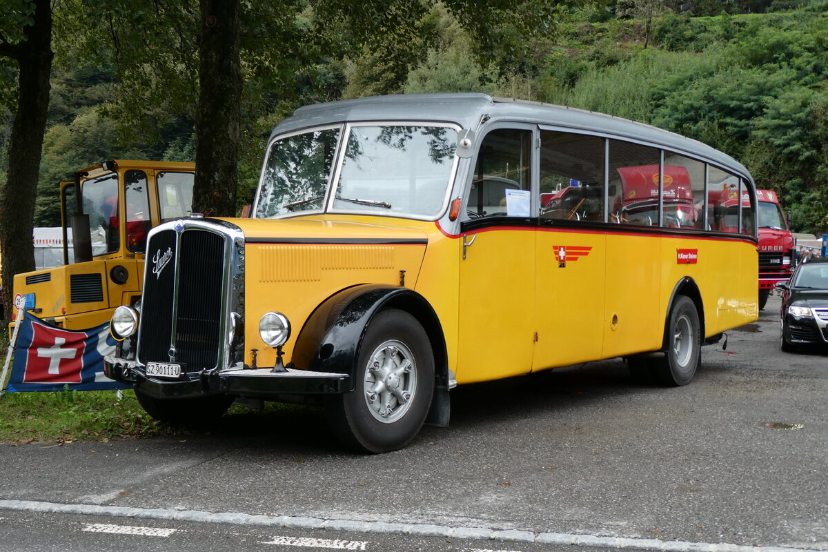 (280'342) - Kiener, Steinen - SZ 90'111 U - Saurer/Eggli (ex Marti, Luzern; ex P 23'095; ex P 2147) am 13. September 2025 in Iragna, Riviera (280'342) - Kiener, Steinen - SZ 90'111 U - Saurer/Eggli (ex Marti, Luzern; ex P 23'095; ex P 2147) am 13. September 2025 in Iragna, Riviera