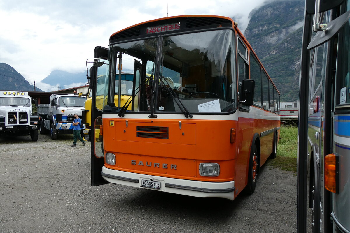 (280'375) - Mangold, Oberengstringen - AG 505'198 - Saurer/Hess (ex RhV Altstätten Nr. 45) am 13. September 2025 in Iragna, Riviera (280'375) - Mangold, Oberengstringen - AG 505'198 - Saurer/Hess (ex RhV Altstätten Nr. 45) am 13. September 2025 in Iragna, Riviera