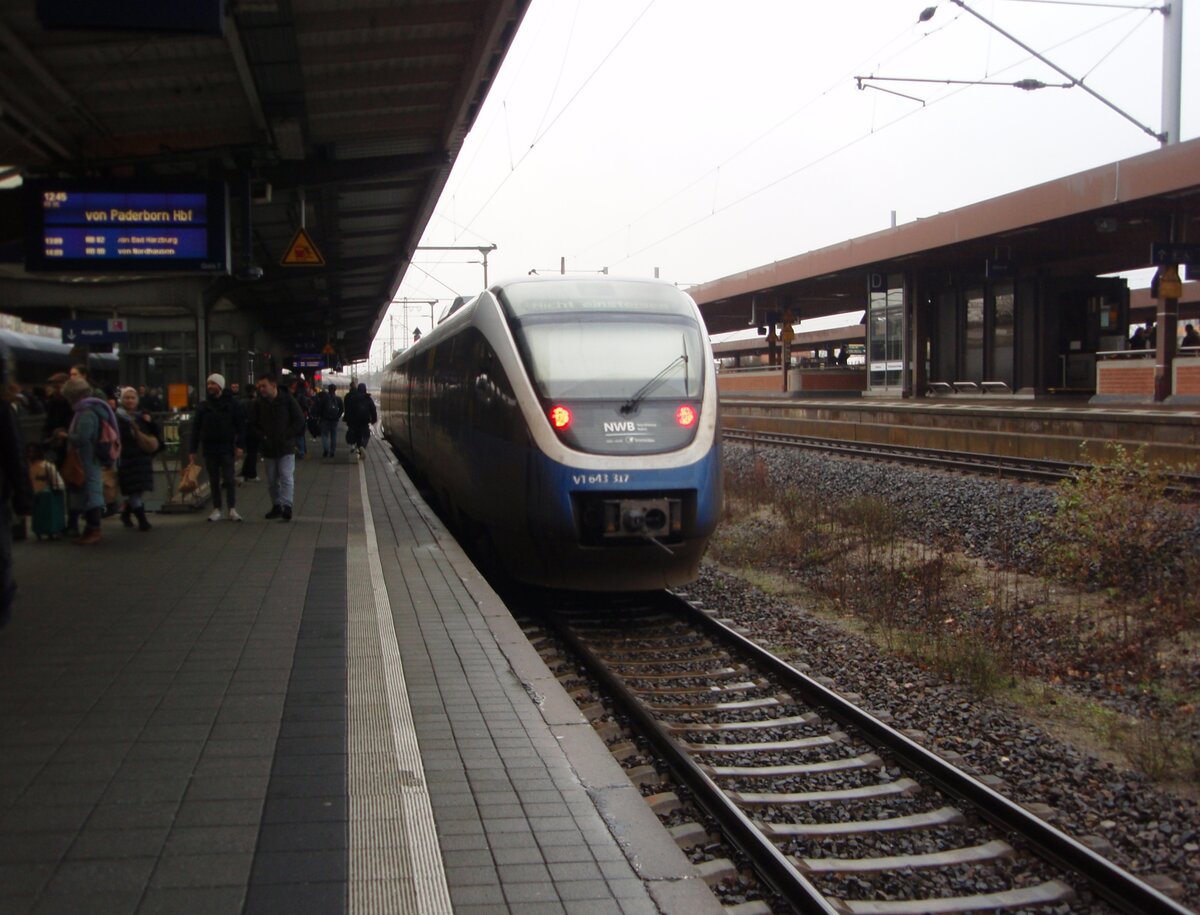 643 317 der NordWestBahn als RB 85 aus Paderborn Hbf in Gttingen. 06.12.2024