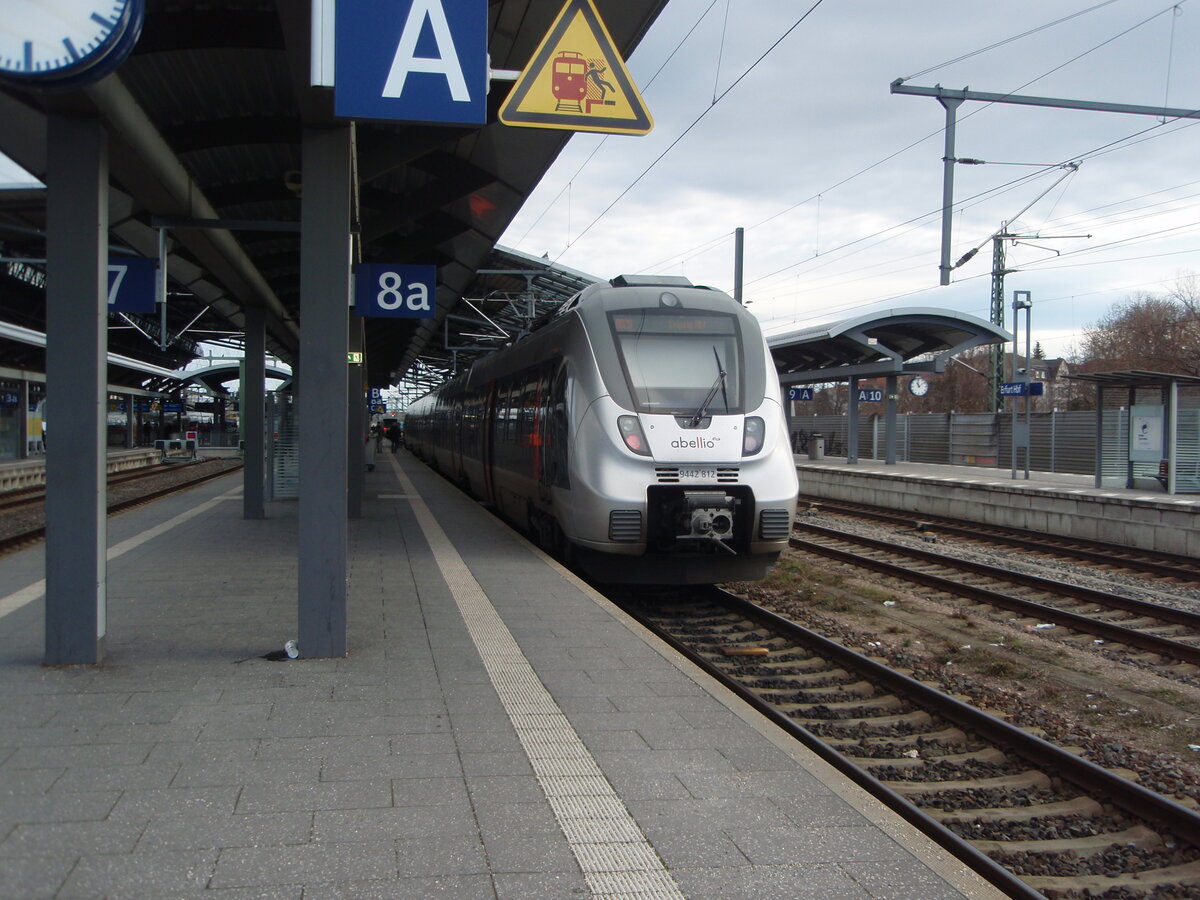 9442 812 der Abellio Rail Mitteldeutschland als RB 20 Eisenach - Leipzig Hbf in Erfurt Hbf. 25.01.2025