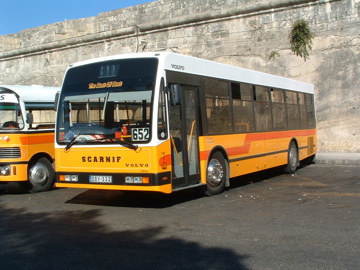 DBY 332 was a Volvo B7RLE, imported in 2004 and fitted with a Scarnif body, built locally, to carry 45 passengers.

Photographed at layover in Valetta 23rd September 2005.