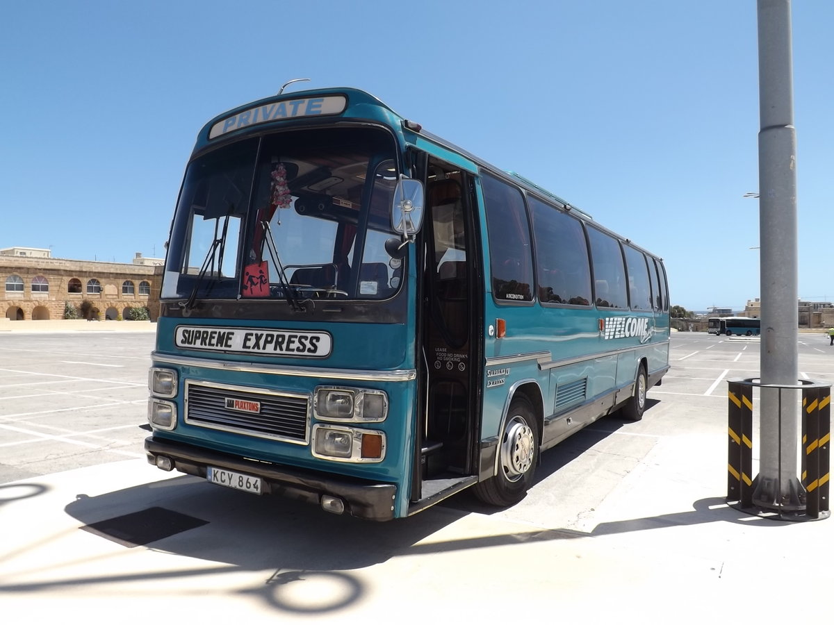 KCY 864 
1980 Bedford YMT
Plaxton Supreme C53F
New as KBH 856V to Clarke, London.  Also carried the Maltese registration Y-0864.
This has since returned to the UK for preservation with York Pullman , York, England.

Photographed at the Pembroke P&R site, Malta, on 31st May 2013 whilst operating for Welcome Garage, Gzira.