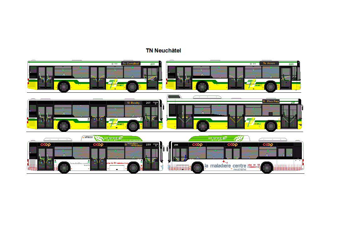 TN Neuchtel - Nr. 201/NE 114'201 + Nr. 228/NE 111'228 - MAN NL 283 + Nr. 207/NE 114'207 - MAN Lion's City NL + Nr. 217/NE 99'217 - Volvo 7700 + 2 x Nr. 299/NE 74'299 - MAN Lion's City NL CNG