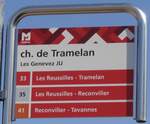 (234'070) - MOBIJU-Haltestellenschild - Les Genevez JU, ch. de Tramelan - am 26. Mrz 2022