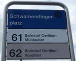 (182'659) - ZVV-Haltestellenschild - Zrich, Schwamendingerplatz - am 3.
