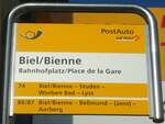 (132'783) - PostAuto-Haltestellenschild - Biel/Bienne, Bahnhofplatz/Place de la Gare - am 9.