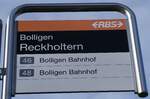 (260'039) - RBS-Haltestellenschild - Bolligen, Reckholtern - am 3. Mrz 2023