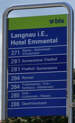 (274'358) - bls-Haltestellenschild - Langnau i.E., Hotel Emmental - am 28.