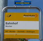 (161'253) - PostAuto-Haltestellenschild - Murten, Bahnhof - am 28.