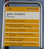 (212'790) - PostAuto-Haltestellenschild - Thierrens, gare routire - am 8. Dezember 2019