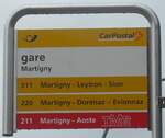 (225'496) - PostAuto/TMR-Haltestellenschild - Martigny, gare - am 1.